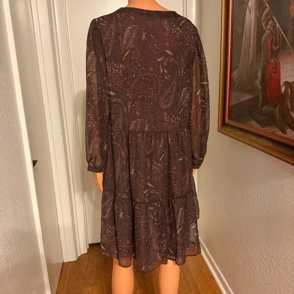 Lucky Brand Brown Paisley Babydoll Dress Boho Long Sleeve Size Large Lined Body - Picture 3 of 9